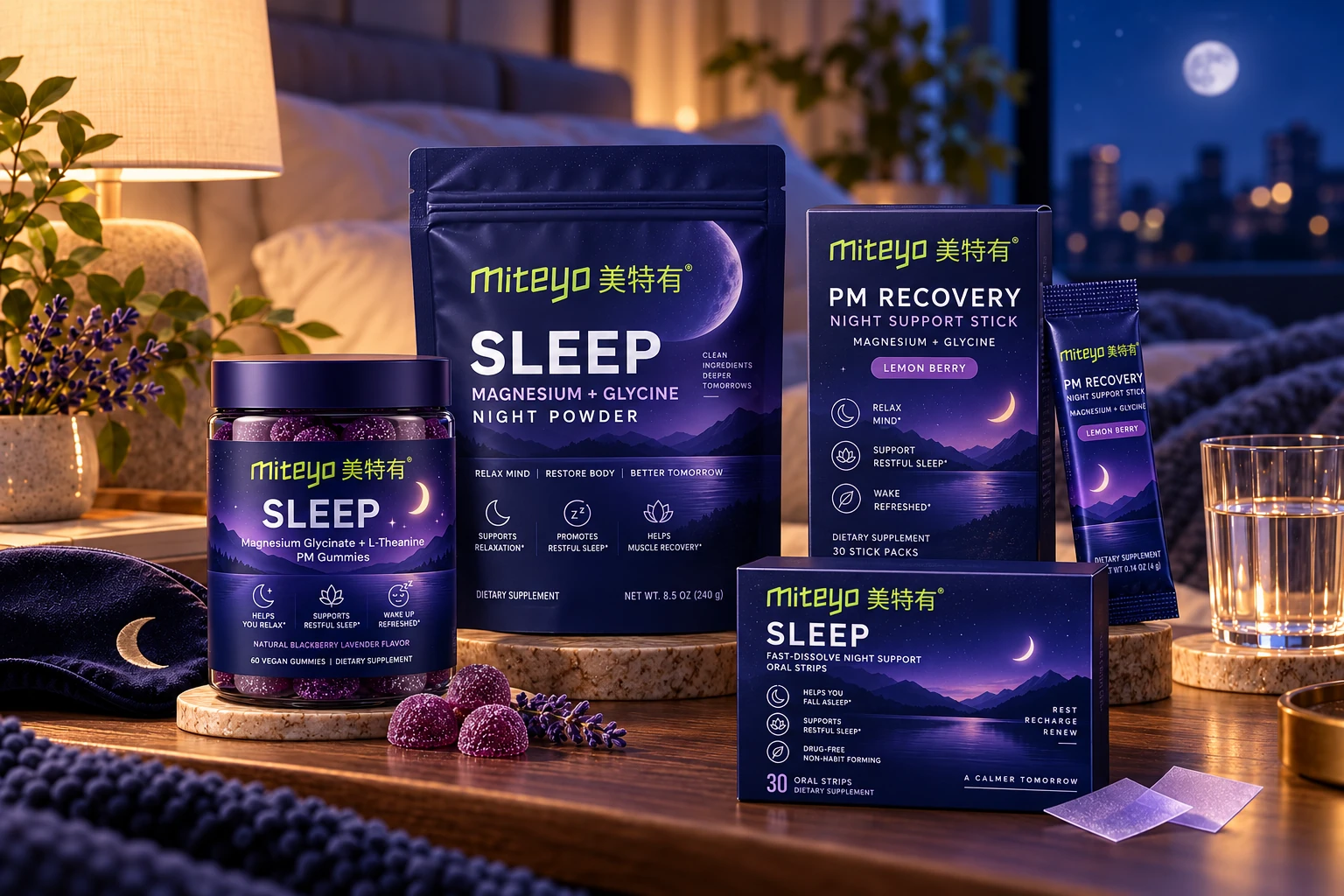 MITEYO Sleep range design with gummies, powder, sticks and oral strips in a bedside setting