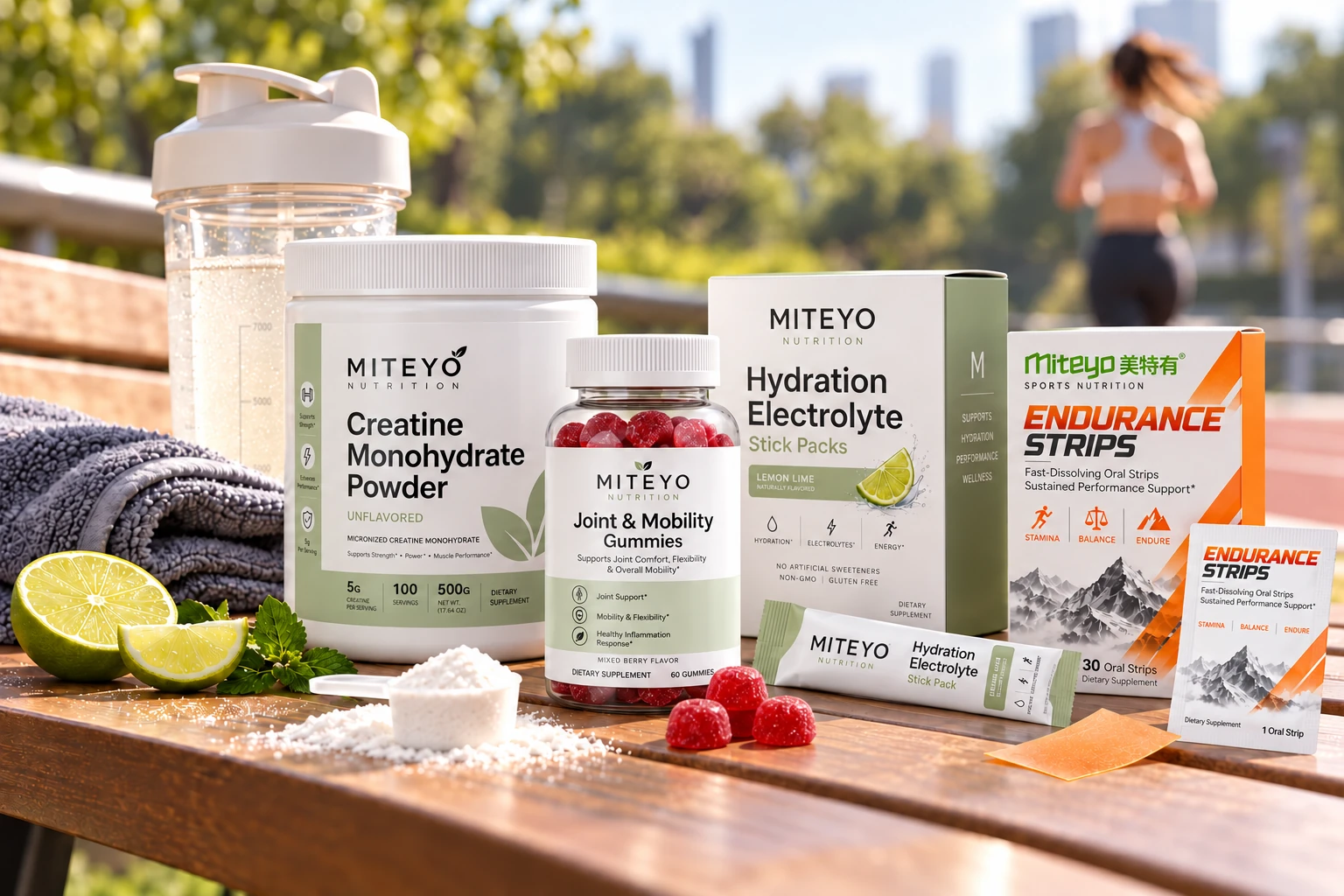 MITEYO sports nutrition range design with powder, stick packs, gummies and oral strips in a training setting